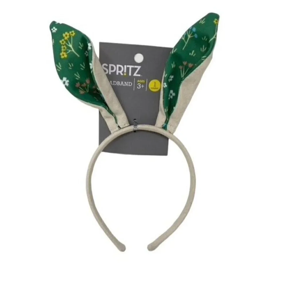 Spritz Floral Bunny Ears Headband - Natural/Green (1 Piece) Canvas Cottage Core